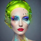 Vibrant makeup and liquid splash create sculpted headpiece illusion