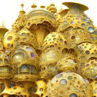 Golden futuristic structure with spherical modules on cloudy sky.