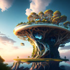 Fantastical tree with broad mushroom canopy in serene landscape