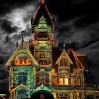 Festive gingerbread house with icing, candies, and snow on dark background