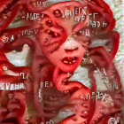 Tomato slices human figure with cherry tomato head on marble background