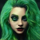 Fantasy digital artwork: Female figure with greenish-blue hair, golden facial tattoos, feathered head