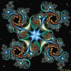 Colorful fractal art with intricate swirls and spirals in blue, orange, and white.