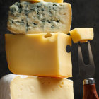 Assorted cheese blocks with blue veins, knife, terracotta pot, and cheese forks on dark