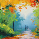 Autumnal forest painting with colorful foliage and bear on path