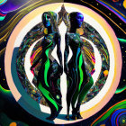 Symmetrical futuristic female figures in vibrant cosmic setting