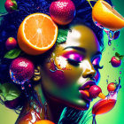 Colorful Woman Artwork with Fruits and Berries Splash