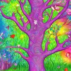 Fantastical tree with vibrant purple and blue hues under swirling green and yellow sky