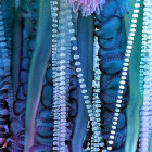 Colorful underwater scene with blue and purple shades, intricate coral formations, and rising bubbles.