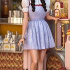 Young woman in blue gingham dress at vintage ice cream parlor