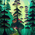 Enchanting artwork: Glowing treehouse, mushrooms, starlit sky, figure on staircase