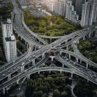 Futuristic cityscape with multi-level roads and high-tech buildings