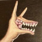 Multicolored paint hand creates illusion of sharp-toothed mouth on dark background