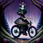 Green-haired doll in floral dress rides bicycle through whimsical tree tunnel