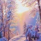 Winter Sunset over Snow-Covered Path with Frosty Trees