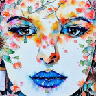 Woman's face with vibrant watercolor flowers blending into hair and features