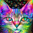 Colorful psychedelic cat art with rainbow hues and swirling patterns on a space-like backdrop