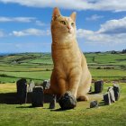 Giant ornate wooden cat sculpture in grassy field with stone circle and trees under blue sky.