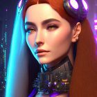 Digital Artwork: Woman with Red Hair, Futuristic Headphones, Glowing Makeup