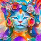 Colorful Gemstone-Adorned Two-Faced Cat Artwork