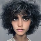 Surreal portrait of woman with cosmic-themed hair against celestial backdrop