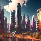 Futuristic cityscape with skyscrapers and advanced transportation