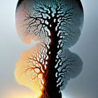 Vibrant surreal tree mirrored in circular frame with warm and cool tones