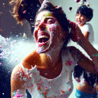 Messy cake fight with joyful woman and child laughing