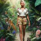 Stylized jungle path illustration with woman in safari attire