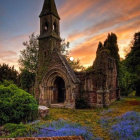 Colorful ornate tower on verdant hillside at twilight with trees and dusky sky