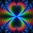 Vibrant symmetrical digital artwork with neon-like patterns and abstract peacock motif.