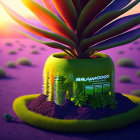 Succulent plant in tennis ball pot against sunset landscape