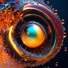 Colorful abstract art: fiery orb, swirling liquid, bubbles on dark blue.