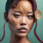 Surreal portrait: woman with octopus tentacles, sea creature on head, teal background