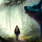 Person in misty forest with giant blue dinosaur under tall trees