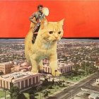 Decorated military uniform person rides giant cat over dystopian cityscape.