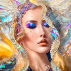 Colorful Makeup Woman Surrounded by Gold, Blue, and White Abstract Patterns