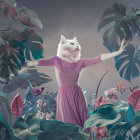 Cat with human body in pink dress surrounded by blooms.