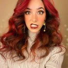 Woman with Long Brown Hair and Red Birds, Ear Cuff, Cream Top on Golden Bokeh