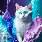 White Cat with Blue Eyes Surrounded by Swirling Blue and Purple Liquids