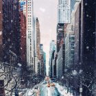 Twilight snowy cityscape with illuminated skyscrapers & vehicle light streaks