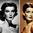 Vintage Hollywood Glam Style: Side-by-Side Woman Portraits with Bold Makeup, Wavy Hair,