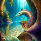 Colorful Underwater Scene with Stylized Sea Creatures and Coral formations