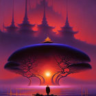 Purple-hued illustration of person by lake with boat, tree, temples, and red sun