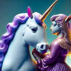 Two women with unicorn horns and purple hair in surreal teal setting