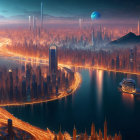 Futuristic cityscape at dusk with glowing traffic and towering skyscrapers