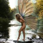 Colorful Butterfly-Winged Female in Futuristic Landscape