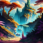 Mystical fantasy landscape with vibrant waterfalls, pink and orange foliage, mountains, and serene lake