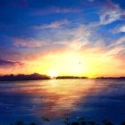 Colorful sunset digital artwork featuring purple and orange skies over a serene lake.