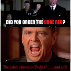 Two-panel movie scene with "code red" overlay and living room color scheme.